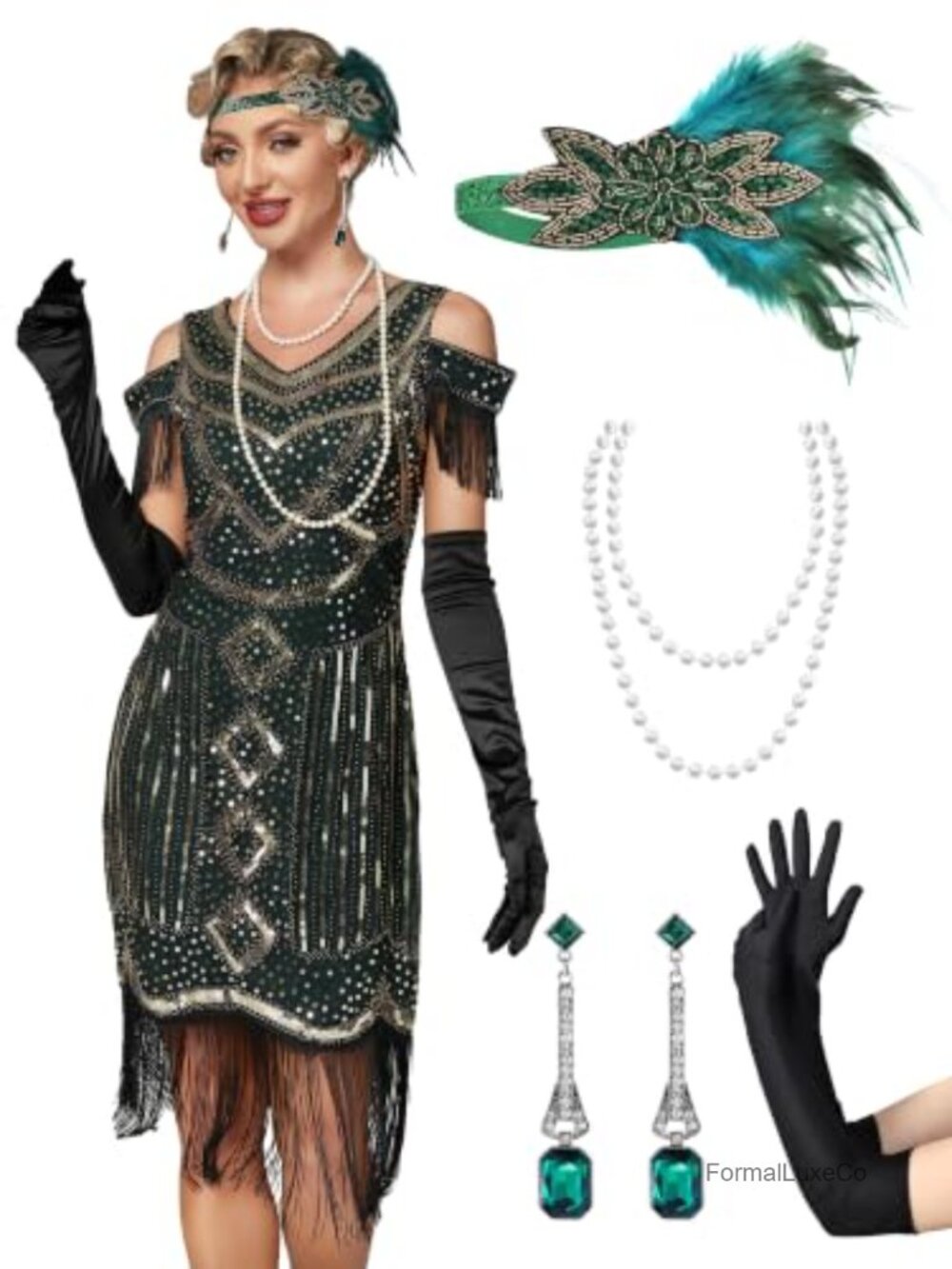 1920s Flapper Dress for Women Fringe Sequin Beaded V-Neck Costume with